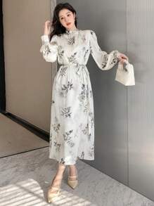 DAZY Women'S Floral Print Stand Collar Dress