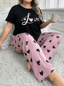 Slumberry CURVE Bộ đồ ngủ Pyjama tay ngắn họa tiết trái tim Plus Size - màu đen - Xem 4
