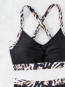 SHEIN Swim 女式印花拼接后背交叉分体比基尼套装夏季海滩 - 彩色 - 查看 5