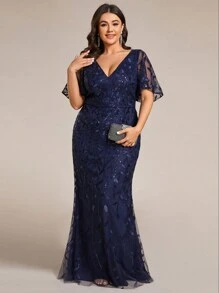 EVERPRETTY Plus Size Women V-Neck Sequin Embroidery Mesh Mermaid Maxi Dress, Formal Evening Party Gown For Valentine's Day Date, Winter Spring Wedding Guest Cocktail Dress, Navy Blue - Navy Blue - View 4