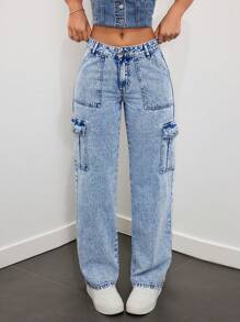 SHEIN ICON Của phụ nữ Eo thấp Quần legging thẳng Với Nhiều Túi , Acid Denim mùa giặt - Rửa trung bình - Xem 1