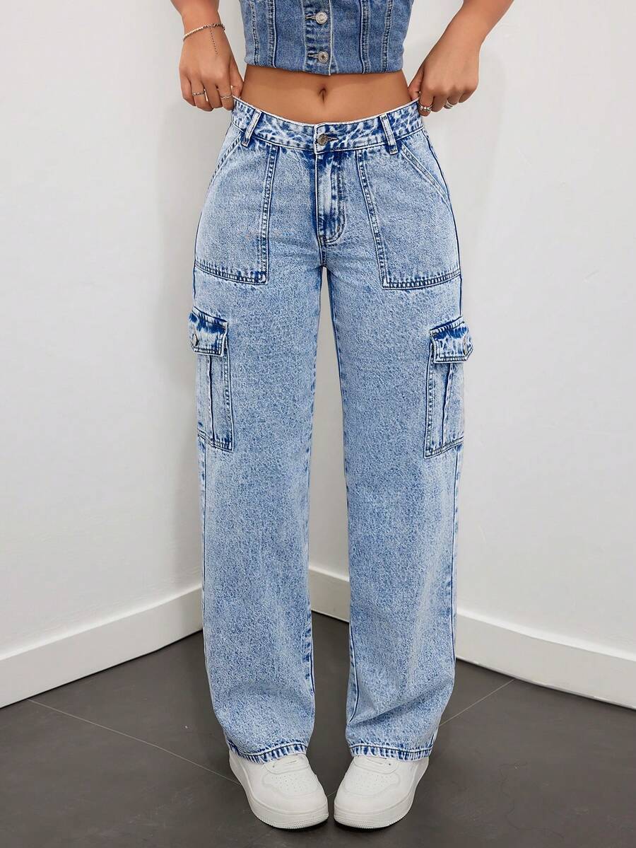 SHEIN ICON Của phụ nữ Eo thấp Quần legging thẳng Với Nhiều Túi , Acid Denim mùa giặt - Rửa trung bình - Xem 1