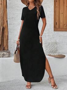 Breezaya Women'S Solid V-Neck Short-Sleeved Split Dress Maxi Vacation Beach Outfit - Black - View 4