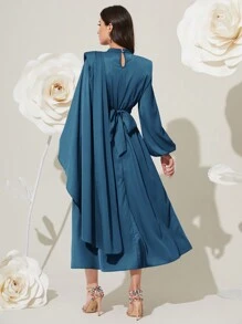 Modelyn 女士长款灯笼袖垫肩腰褶皱阿拉伯朴素连衣裙长款晚礼服 - 水鴨藍 - 查看 2