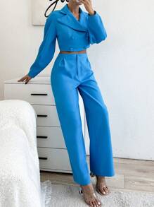 RueChic Ladies' Peak Collar Double Breasted Suit Set - Blue - View 1