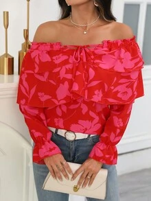 SHEIN LUNE Women'S Off-Shoulder Printed Asymmetrical Hem Blouse - Red - View 6