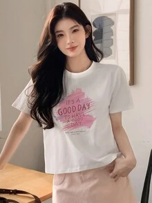 DAZY Camiseta De Manga Corta Para Mujer Con Estampado De Eslogan - Blanco - Ver 4
