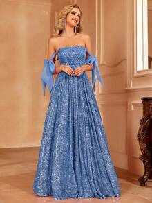 Faeriesty Floor Length Tie Shoulder Sequin Dress - Blue - View 4