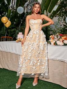 Simplee Women'S Embroidery 3d Flower Mesh Contrast Strapless Cocktail Party Dress - White - View 5