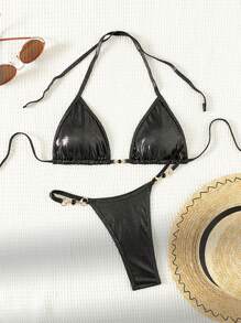 SHEIN Swim Conjunto de bikini triangular de unicolor para mujer, traje de baño de verano - Negro - Ver 2