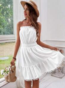 SHEIN VCAY Women'S Strapless Ruched Waist Vacation Dress - White - View 5