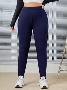 SHEIN EZwear Kích thước lớn Của phụ nữ Dệt kim Giải trí Dài Xà cạp - Màu xanh hải quân - Xem 4