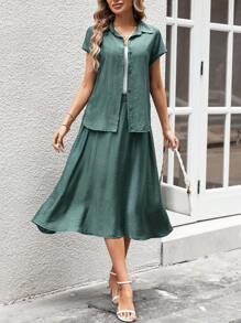 EMERY ROSE Summer Two Piece Outfits Solid Color Shirt & A-Line Skirt Commuting Suit Summer