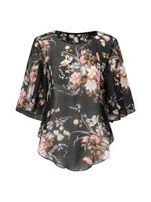 EMERY ROSE Women's Floral Printed Batwing Sleeve See-Through Shirt - Black - View 3