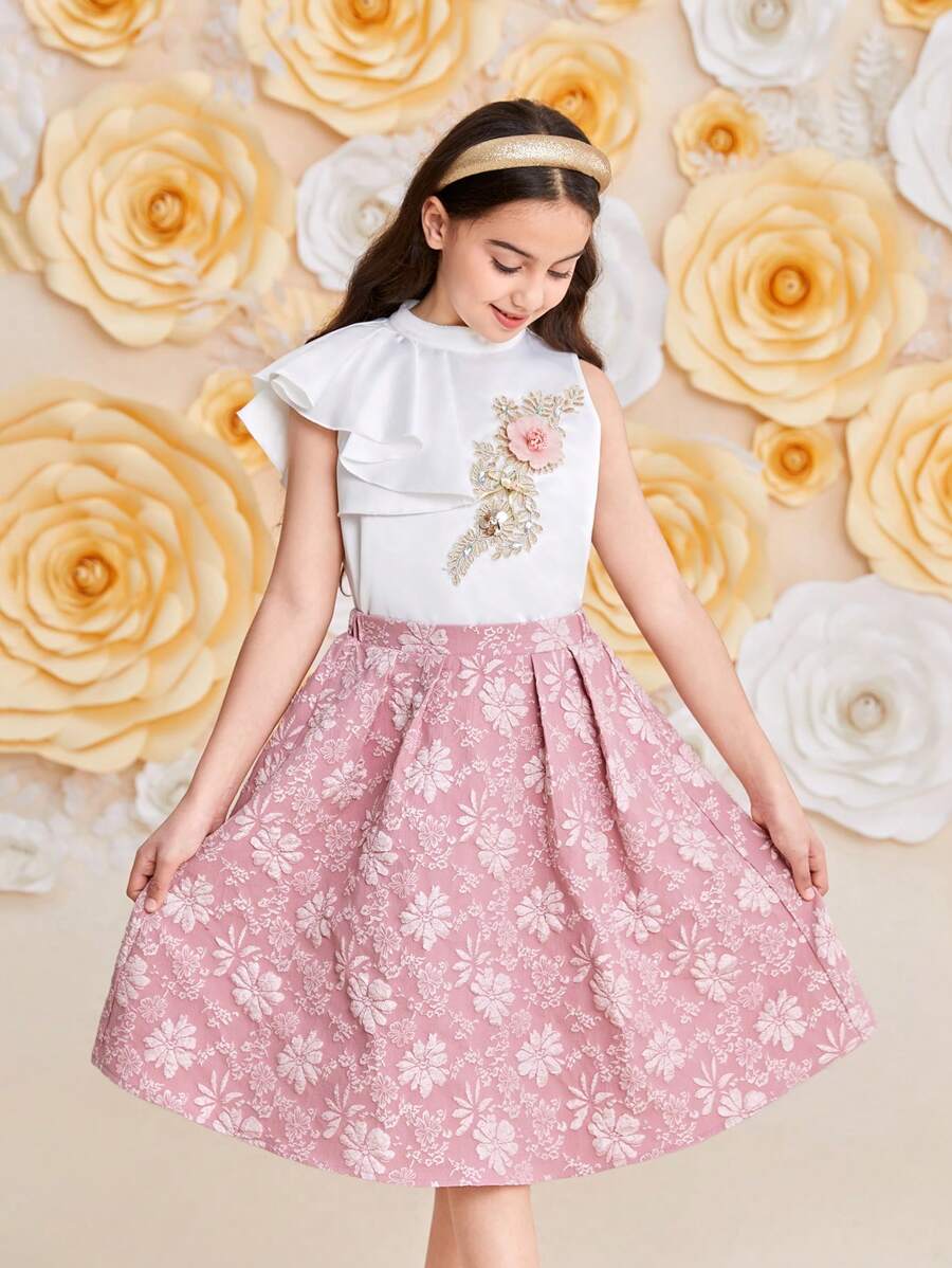 SHEIN Leap Crew 2 sztuki Tween Girl Casual Stand Collar Asymetryczna koszula z falbaniastym dołem rękawów i spódnica żakardowa - Brudny różowy - Zobacz 1