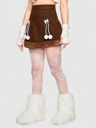 Kawaii Jupe patchwork pour femmes avec détail de pompon