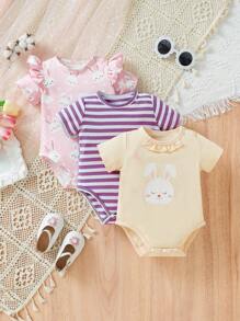 SHEIN Baby Girl Simple & Fashionable Pink Rabbit Printed Yellow Rabbit Printed Purple Striped 3pcs Short Sleeve Romper Pajamas - Multicolor - View 1