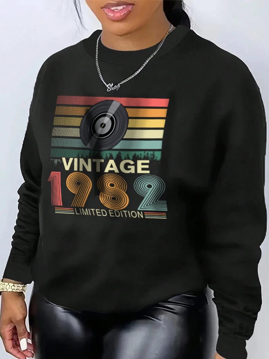 SHEIN EZwear Women'S Letter Print Crew Neck Sweatshirt - Black - View 1