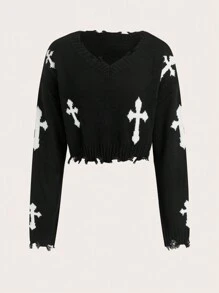 SHEIN EZwear Women's Sweater With Cross Pattern And Frayed Edges,Long Sleeve Tops - Black - View 1