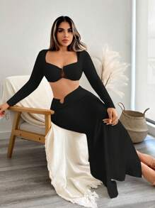 SHEIN SXY Top De Fechamento Curto Com Laço Para Mulheres E Saia Midi Com Laço, Conjunto De 2 Peças - Preto - Visão 1