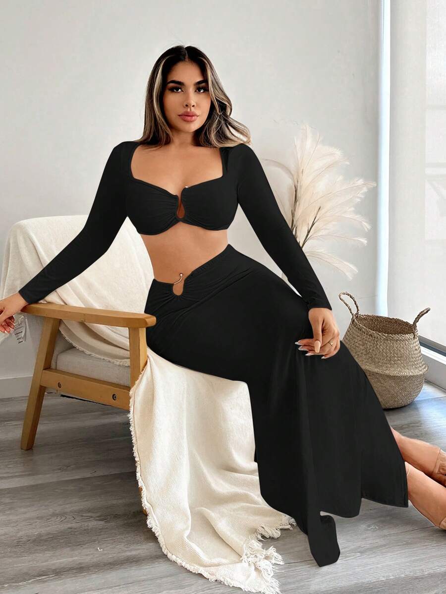 SHEIN SXY Top De Fechamento Curto Com Laço Para Mulheres E Saia Midi Com Laço, Conjunto De 2 Peças - Preto - Visão 1