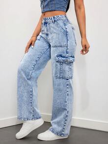 SHEIN ICON Của phụ nữ Eo thấp Quần legging thẳng Với Nhiều Túi , Acid Denim mùa giặt - Rửa trung bình - Xem 5
