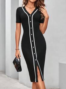 SHEIN Clasi 女士單排釦開岔擺職業夏季修身黑色連衣裙 - 黑與白 - 查看 1