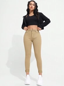 SHEIN Essnce Enfärgad Mager Jeans - Kaki - Visa 2