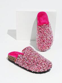 roulvxiang Novos chinelos de praia com lantejoulas para outono/inverno, sandálias de férias, chinelos rasos para uso doméstico, sandálias rasas sem cadarço para mulheres, mule - Rosa Avermelhado - Ver 2