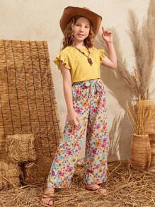 SHEIN Leap Crew Conjunto Casual De Dos Piezas Para Niñas Preadolescentes, Camiseta De Manga Corta Con Cuello Redondo Y Pantalones Anchos De Flores - Amarillo - Ver 1