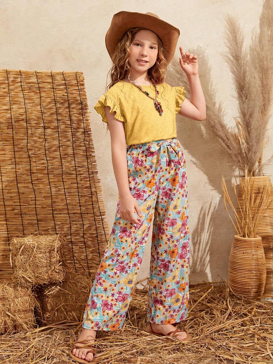 SHEIN Leap Crew Conjunto Casual De Dos Piezas Para Niñas Preadolescentes, Camiseta De Manga Corta Con Cuello Redondo Y Pantalones Anchos De Flores - Amarillo - Ver 1
