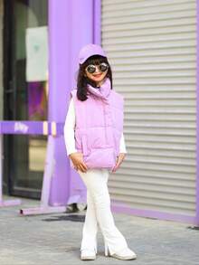 SHEIN 女童純色立領背心外套,冬季 - 紫色 - 查看 4