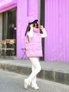 SHEIN 女童純色立領背心外套,冬季 - 紫色 - 查看 5