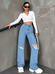 Women'S Distressed Straight Leg Jeans - Medium Wash - View 3