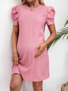 SHEIN Elegant Maternity Short Dress With Round Neckline For Workplace - Pink - View 4