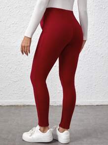 SHEIN Solid-Colored Maternity Leggings With Patch Detail And Adjustable Waist - Burgundy - View 2