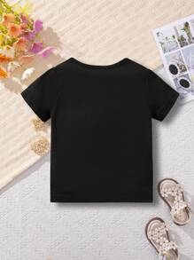 Baby Girls' Casual Letter & Skull Print Comfortable Round Neck Short Sleeve Top, Summer - Black - View 2