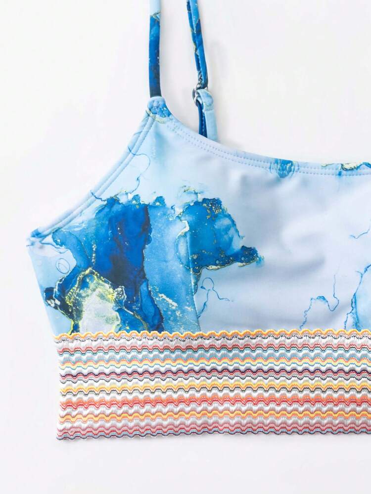 Women'S Marble Print Splicing Strap Swimwear Set Summer