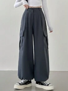 DAZY 女士純色街頭風寬鬆貨褲 - 深灰色 - 查看 4