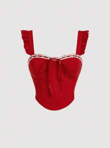 SHEIN MOD Blusa Roja Sin Mangas Para Mujer Con Detalle De Corte Con Encaje, Detalle De Volantes Y Ribeteado - Rojo - Ver 1
