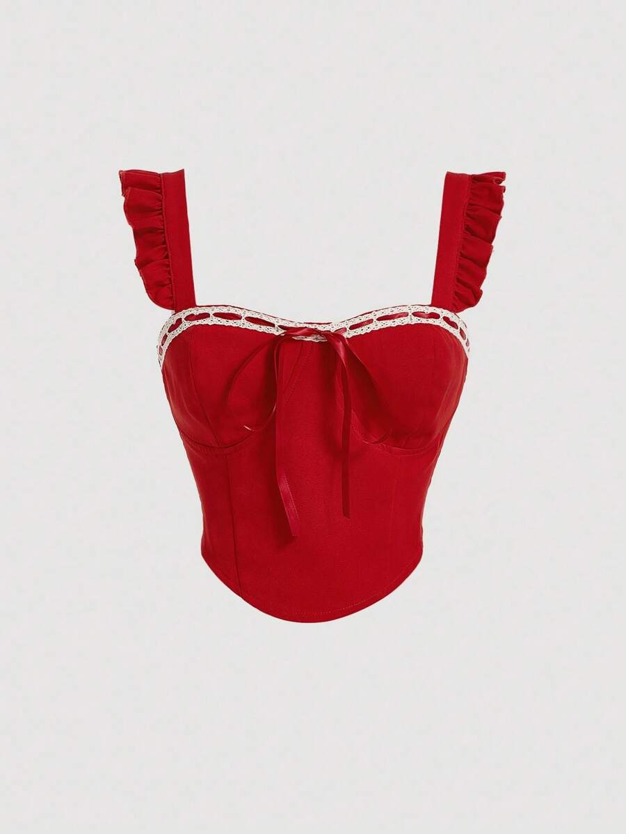 SHEIN MOD Blusa Roja Sin Mangas Para Mujer Con Detalle De Corte Con Encaje, Detalle De Volantes Y Ribeteado - Rojo - Ver 1