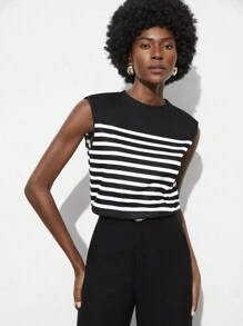 Maija Women'S Striped Patchwork Loose Fit Casual Tank Top - Black and White - View 1