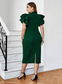 SHEIN Clasi 大码女式荷叶边袖立领绿色连衣裙 - 綠色 - 查看 2