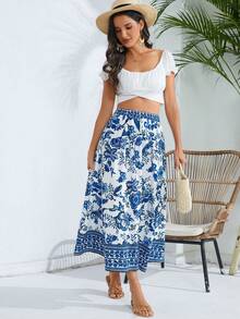 SHEIN VCAY 女士彈性腰花卉印花裙 - 藍色 - 查看 4