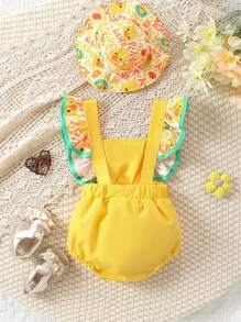 Baby Girls' Duck Printed Ruffle Strap Bodysuit & Hat Set, Comfortable, Fashionable, Fun, Casual, Spring/Summer - Yellow - View 2