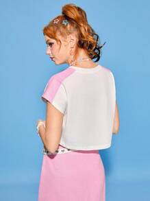 SHEINNeu Women's Cartoon Cat And Heart Printed Contrast Side Cut Crop T-Shirt - White - View 3