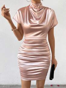 SHEIN Unity Women Dresses Diikat Ruched Zip Plain Anggun - Baby Pink - View 6