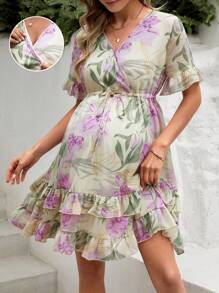 SHEIN Maternity Floral Print V-Neck Dress With Ruffle Hem - Multicolor - View 1