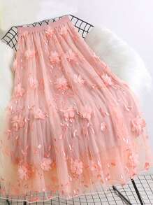 Women's Elegant Embroidered Mesh A-Line Skirt, Summer - Pink - View 1