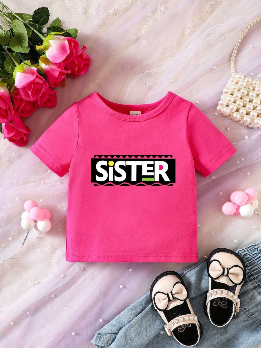 Baby Girl Letter Print Short Sleeve Top - Hot Pink - View 1